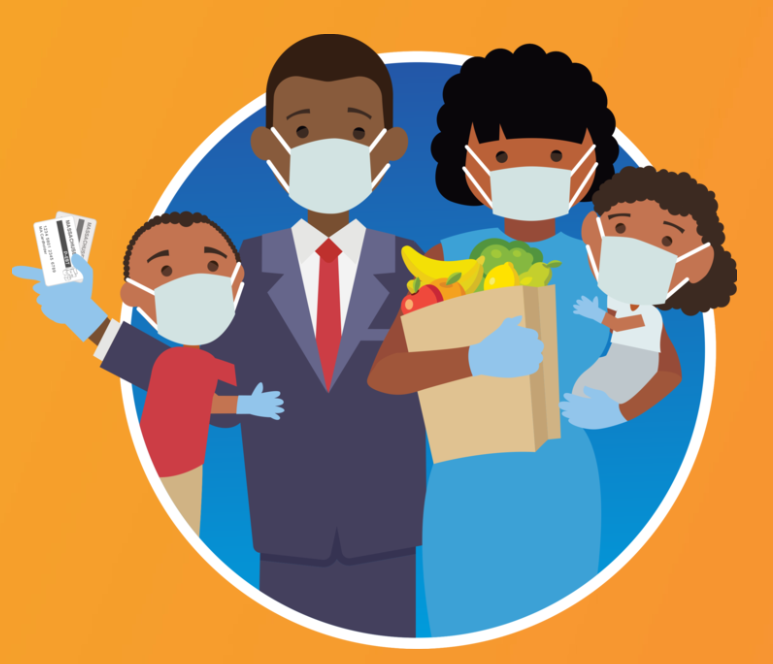  Family in Masks with Groceries